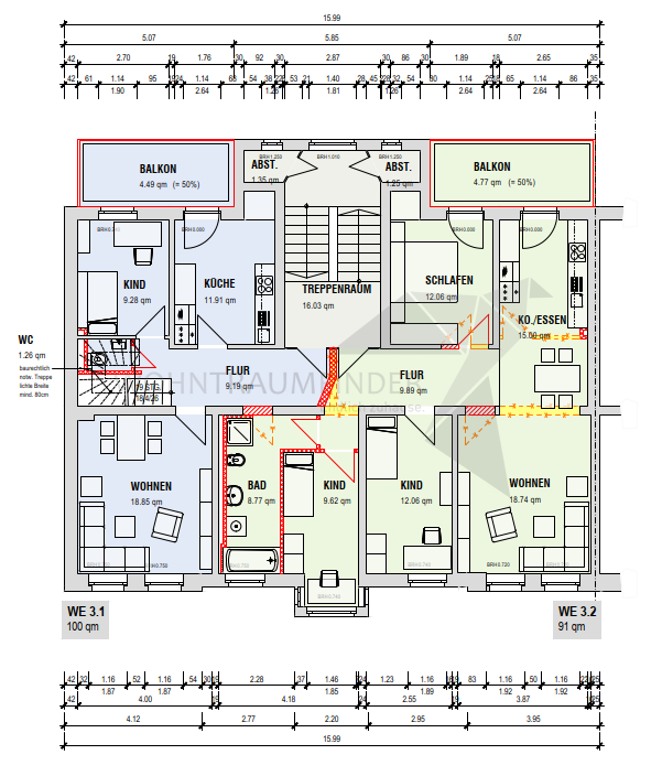 Grundriss Entwurf 2.Obergeschoss Mehrfamilienhaus Chemnitz / Gablenz