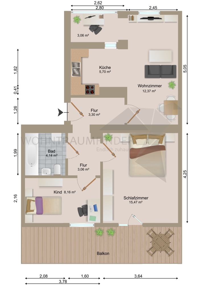 Grundriss 2,5-Raum Etagenwohnung Zwickau