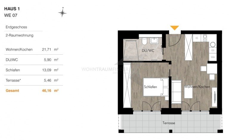 Grundriss H1 WE07 Chemnitz Erdgeschosswohnung ! Angebot ! Exklusives Wohnen in Toplage - 2 Zimmer mit Stellplatz, EBK & S�dbalkon am Kulturpalast