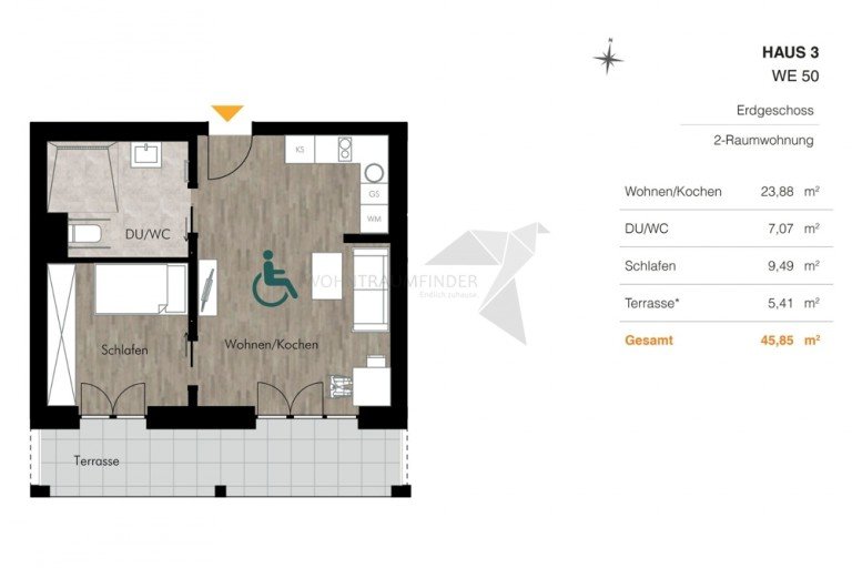 Grundriss H3 WE50 Chemnitz Erdgeschosswohnung +Fr�hlingsangebot+ Stylisch & rollstuhlgerecht: Erstbezug 2 Raum mit EBK & Terrasse am Kulturpalast
