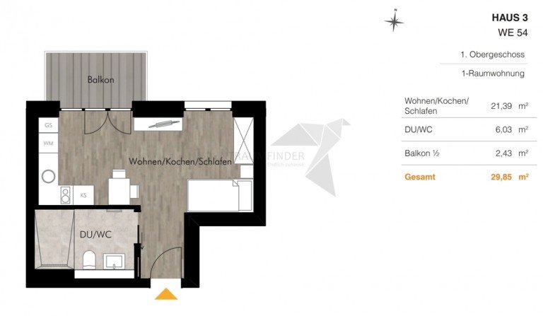 Grundriss H3 WE54 Chemnitz Etagenwohnung ++ Fr�hlingsangebot ++ Barrierefreie 1-Raum-Whg. mit Balkon und Einbauk�che am Pelzm�hlenteich