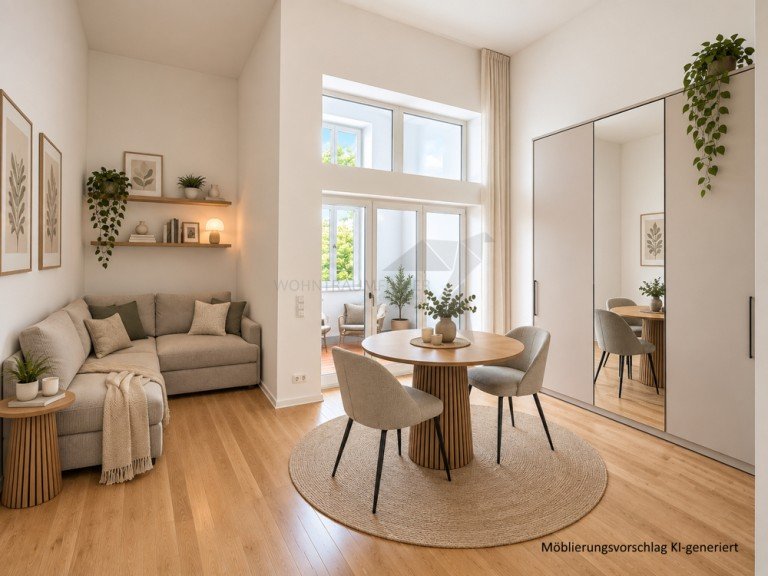 M�blierungsvorschlag 1 KI-generiert Chemnitz Etagenwohnung !! Wohnen im Kulturpalast !! helles 1 Raum Appartement mit Loggia und tollem Bad mit Dusche
